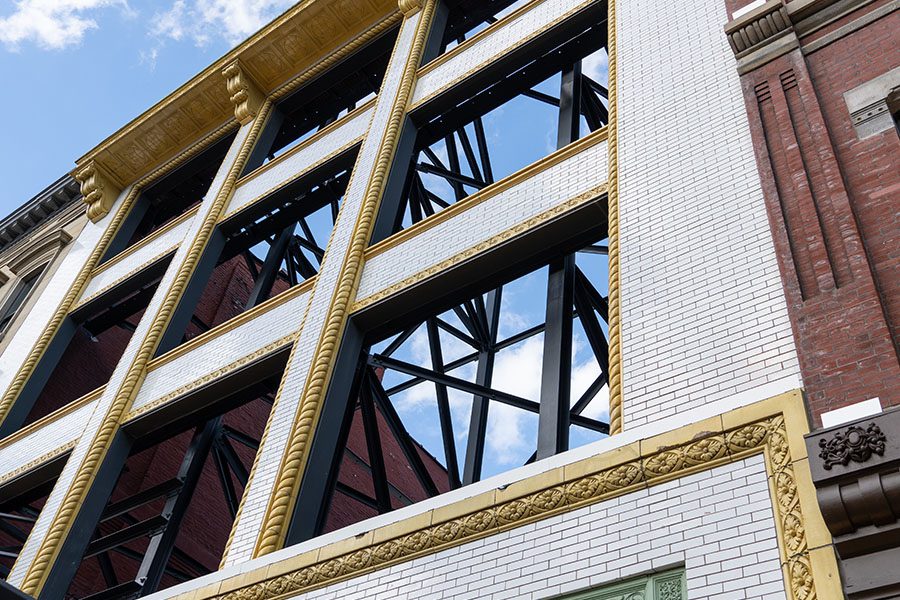 Business Insurance - Angled Abstract View of the Historically Preserved Facade of a Large Commercial Building for the Historic Preservation in Louisville, Kentucky
